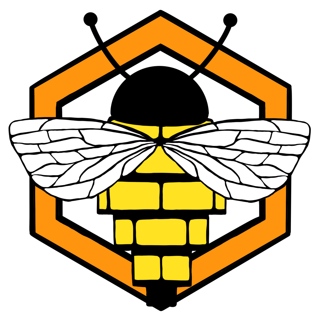 a bee constructed of yellow brick with an orange hexagon behind it.
